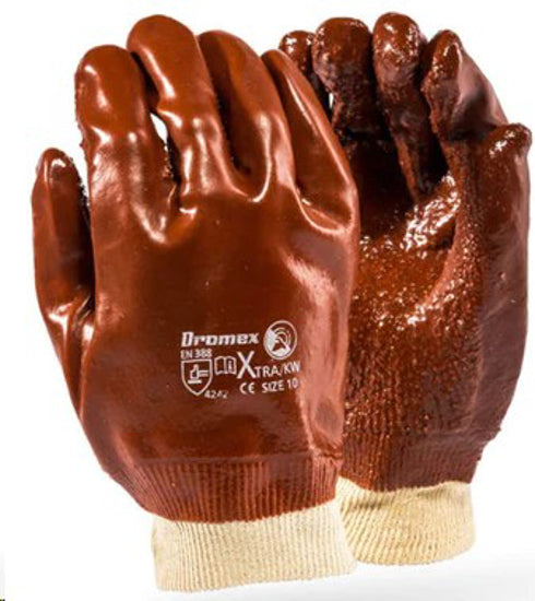 GLOVE PVC BROWN EXTRA H/DUTY, KNIT WRIST *DROMEX